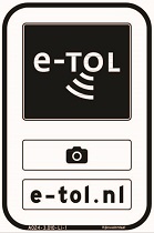 Op dit bord staan: Het e-TOL-logo, een afbeelding van een camera en 'e-tol.nl'.
