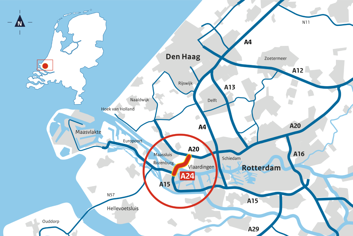 Kaart waarop te zien is waar de A24/Blankenburgverbinding ligt. Dit is tussen de A15 bij Rozenburg en de A20 bij Vlaardingen, in de regio Rotterdam.  