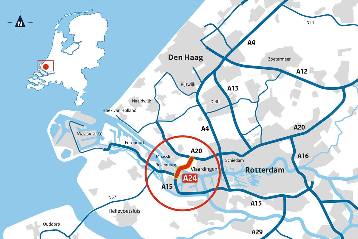 This map shows the location of the A24/Blankenburg connection that connects the A15 at Rozenburg and the A20 at Vlaardingen.