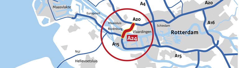 This map shows the A24 toll road, which connects Rozenburg and Vlaardingen.